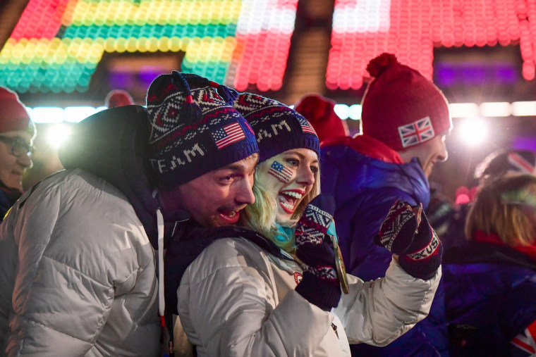 American athletes celebrate during the closing ceremony.