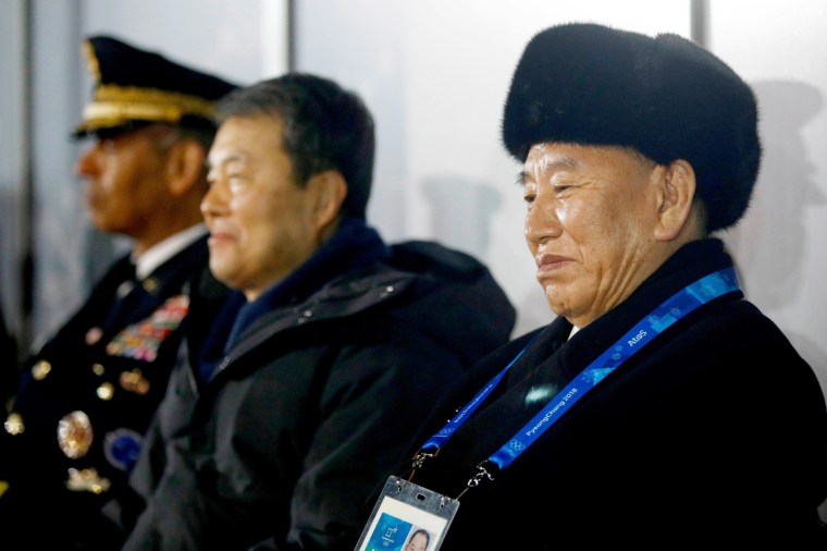 Kim Yong Chol, vice chairman of North Korea's ruling Workers' Party Central Committee, watches the closing ceremony.