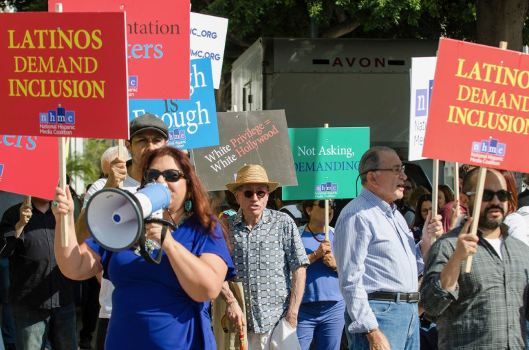 Members and supporters of the National Hispanic Media Coalition protest at the Oscars luncheon, February 2018.