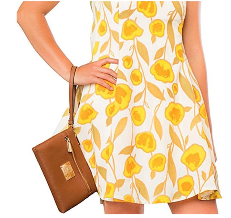 Yellow flower dress with tan purse