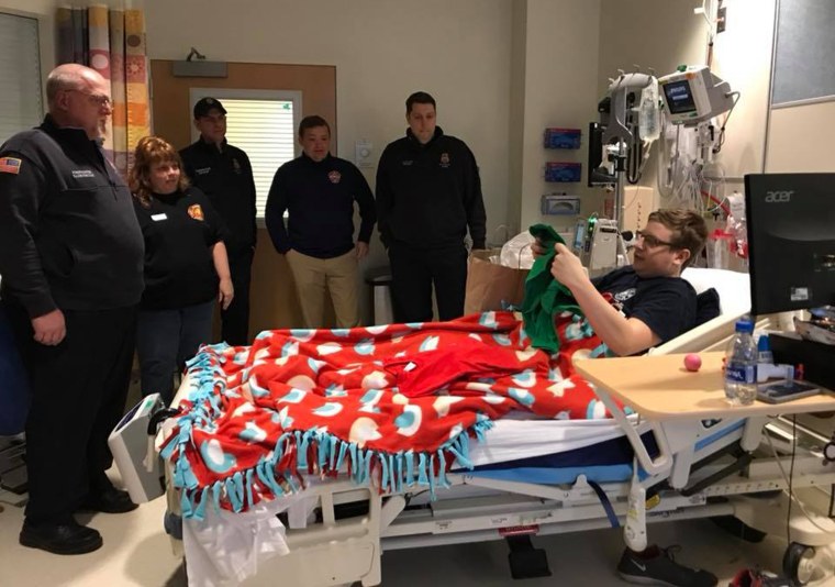 The "brothers" of Rescue 1 and Ladder 6 in Buffalo stopped by to visit Timothy Richardson in the hospital.