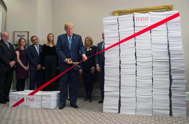 Image: U.S. President Donald Trump uses gold scissors to cut a red tape tied between two stacks of papers representing the government regulations