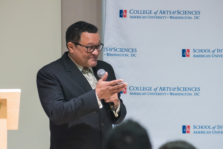 Ken Morris Jr. addressing the audience at American University at the kick-off event for "The FD200."