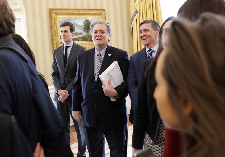 Image: White House senior advisers Jared Kushner, Steve Bannon and National Security Adviser Michael Flynn are seen in the Oval Office of the White House in Washington during a meeting between President Donald Trump and British Prime Minister Theresa May.