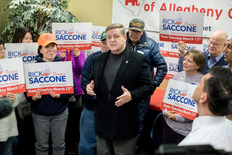 Image: Rick Saccone speaks during GOTV Rally at the Republican Committee of Allegheny County headquarters, March 10, 2018, in Pittsburgh, Pennsylvania.