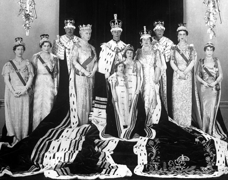 After the abdication of Elizabeth's uncle, King George VI became king on May 12, 1937. In a matter of months, Princess Elizabeth was suddenly catapulted into the role of heir to the throne. The 11-year-old princess (standing next to her younger sister Margaret) wore a long dress with a train to the event that was held at Westminster Abbey.