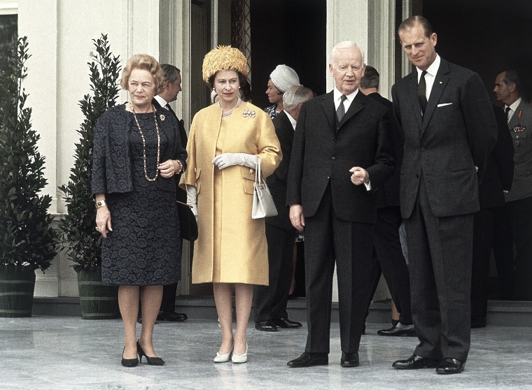President Heinrich Lubke of West Germany, with Britain's  Queen Elizabeth II, the first British monarch to visit Germany for 52 years, after her arrival at Villa Hammerschmidt, the presidential residence near Bonn, West Germany, on May 18, 1965. It was first day of her ten-day state visit. From left to right, Wilhelmine Lubke, wife of the President, Queen Elizabeth II, President Lubke and Prince Philip.