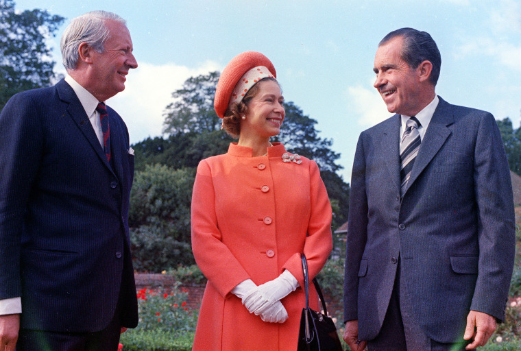 Queen Elizabeth poses with U.S. President Richard Nixon, right, and Britain's Prime Minister Edward Heath at Chequers, Buckinghamshire, in 1970.