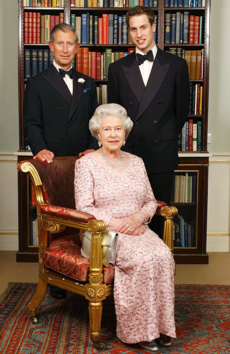 Three generations of the British Royal family, Queen Elizabeth, her eldest son, the Prince of Wales, left, and his eldest son, Prince William as they pose for a photograph at Clarence House  on June 2, 2003, before a dinner to mark the 50th anniversary of her Coronation. The Prince of Wales was hosting the meal at his new residence, formerly the London home of the late Queen Mother.