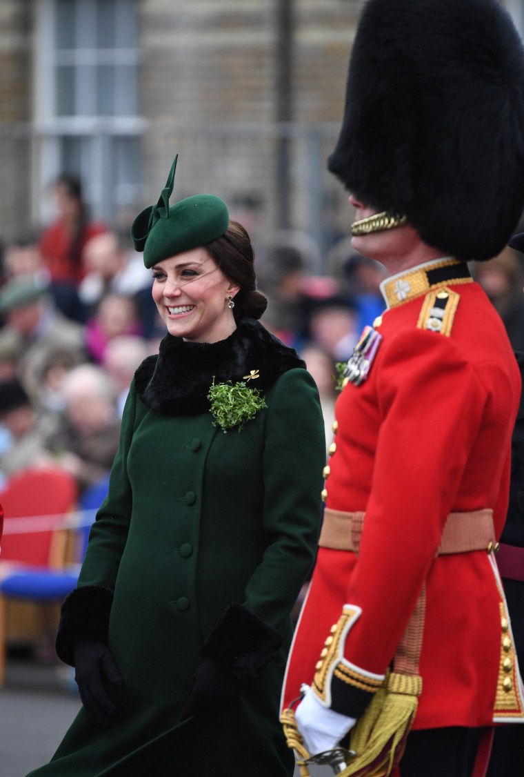 Image: Britain's Catherine, Duchess of Cambridge attends the presentation of Shamrock to the 1st Battalion Irish Guards, at a St Patrick's Day parade at Cavalry Barracks in Hounslow, London