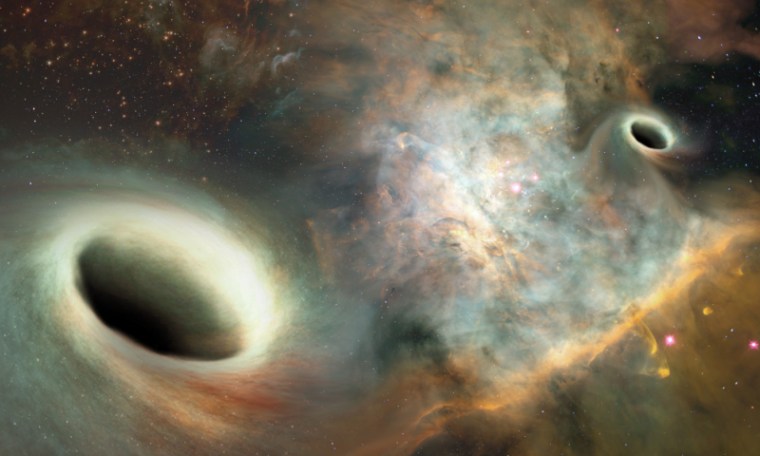 Artist's concept of two supermassive black holes, similar to those observed by UNM researchers, orbiting one another.