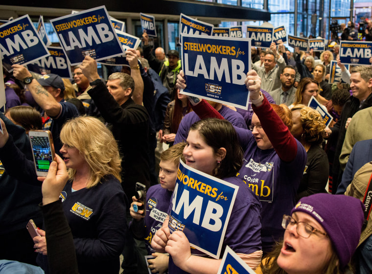 Image: The crowd cheers during a rally for Conor Lamb at the United Steelworkers headquarters