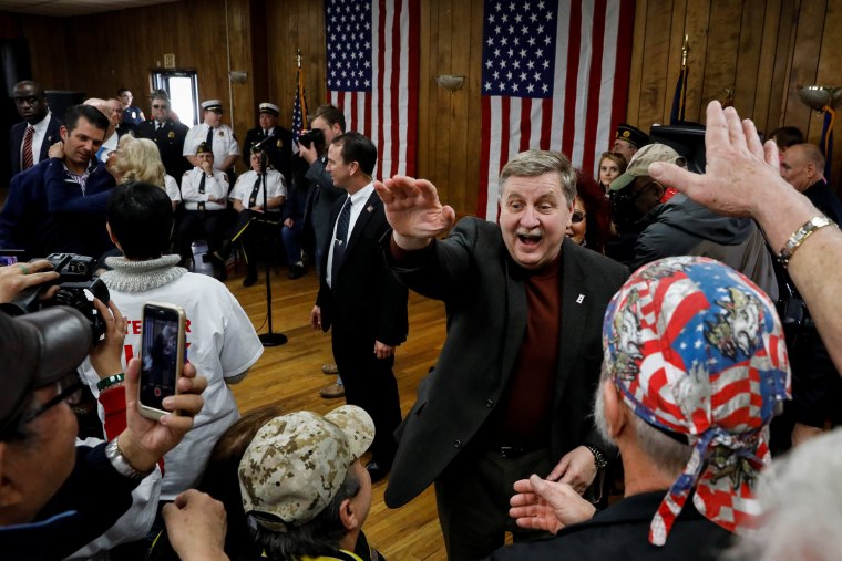 Image: Republican congressional candidate Rick Saccone is greeted by supporters during a campaign event at the Blaine Hill Volunteer Fire dept. in Elizabeth Township