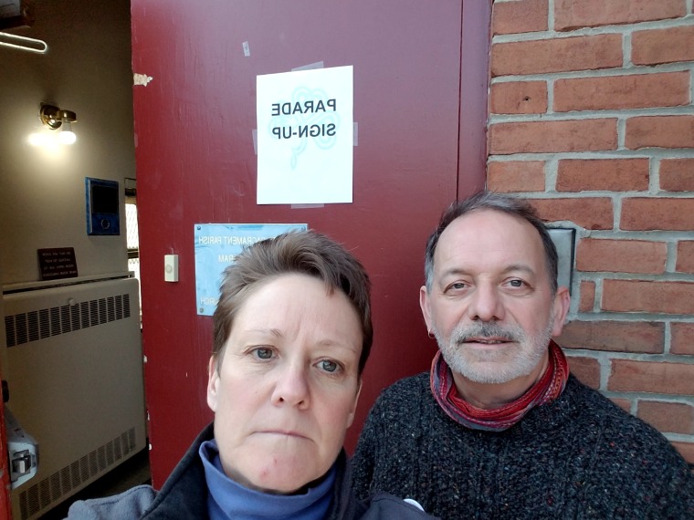 Carol Bullock, left, and Brendan Fay. Fay accompanied Bullock as she attempted to fill out an application to participate in the 2018 Staten Island St. Patrick's Parade.