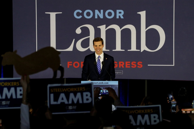 Image: U.S. Democratic congressional candidate Conor Lamb speaks during his election night rally in Pennsylvania's 18th U.S. Congressional district special election against Republican candidate and State Rep. Rick Saccone, in Canonsburg
