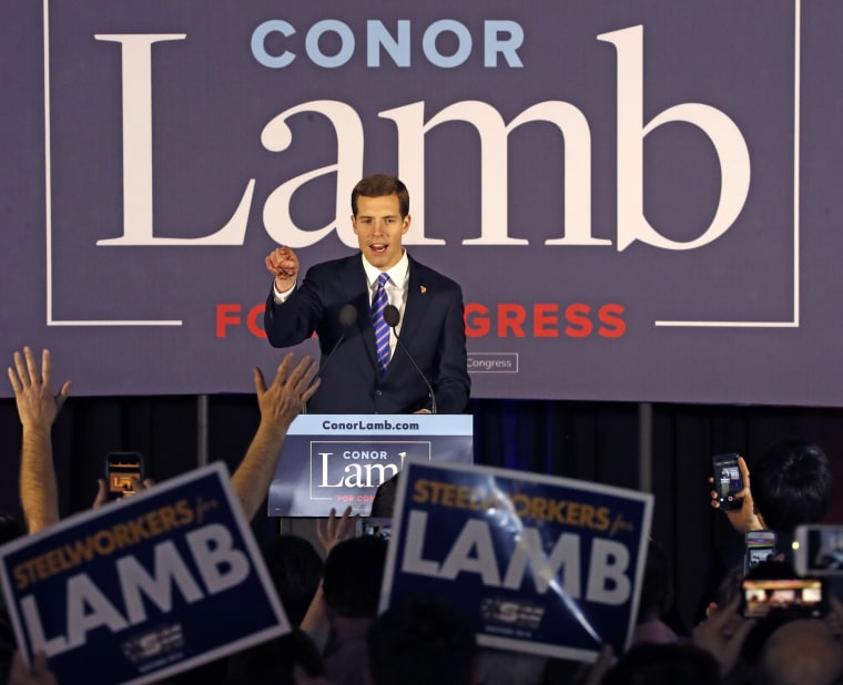 Image: Conor Lamb celebrates with his supporters at his election night party in Canonsburg, Pa.