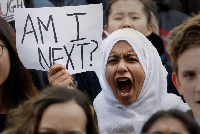 Image: Students participate in a march in support of the National School Walkout in the Queens borough of New York City