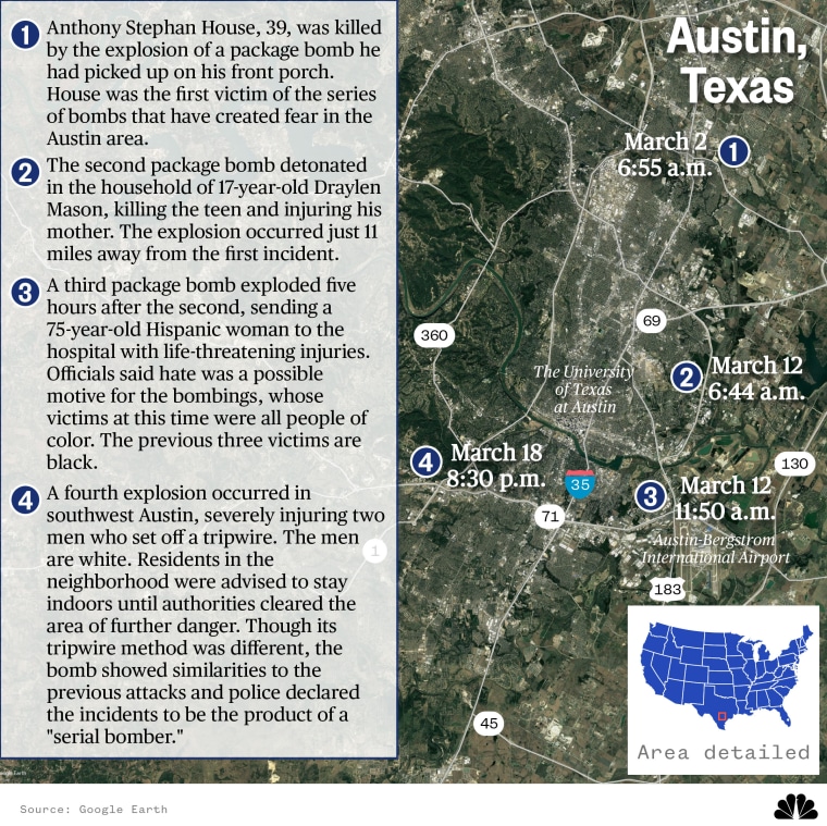 Map: Location of four explosions in the Austin area