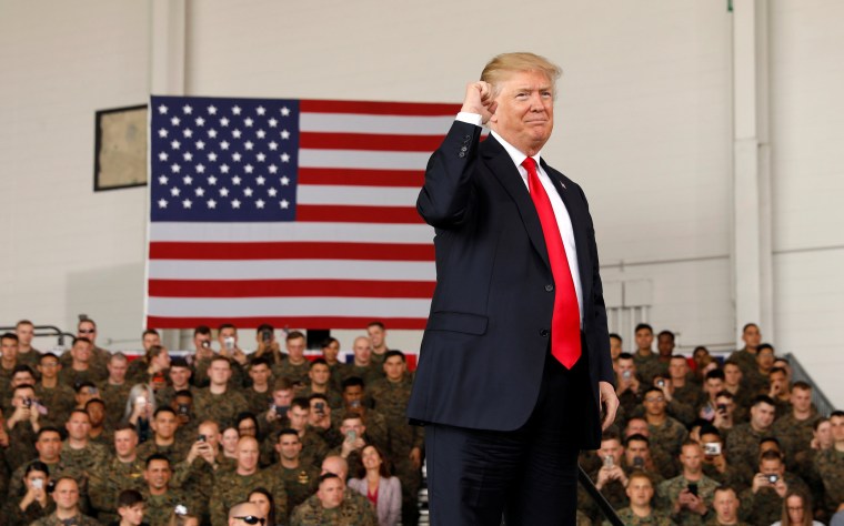 Image: President Donald Trump pumps his fist after speaking at Marine Corps Air Station Miramar in San Diego, California