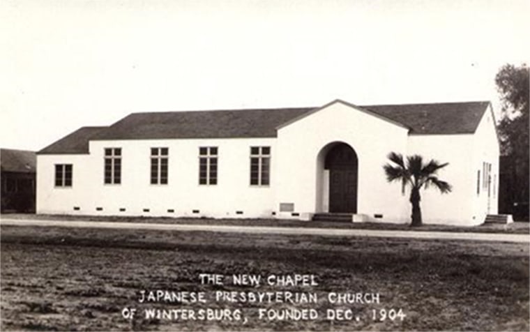 Image: Wintersburg Japanese Church, built in front of the 1910 Mission building, circa 1934. The Church was built during the Great Depression.