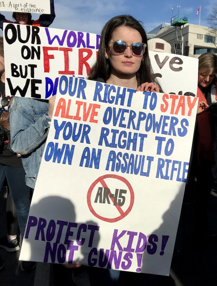 Image: Sophie Zipoli, an 18 year-old high school senior from Burlington, Connecticut rallies at the March for Our Lives in Washington, DC on March 24, 2018.