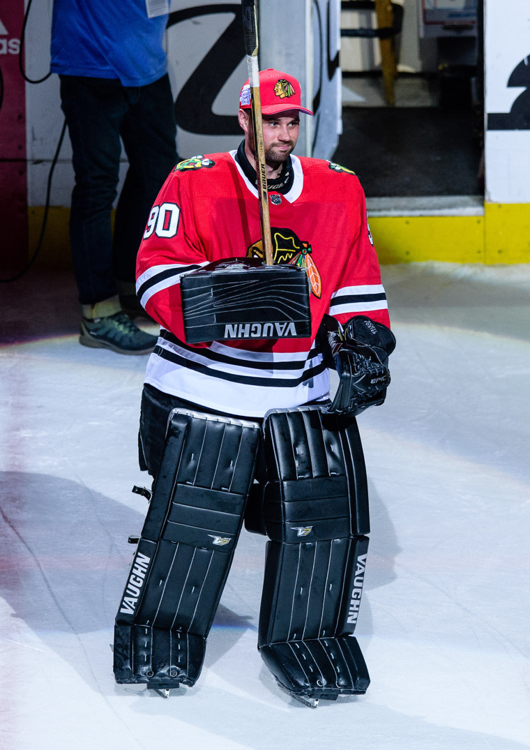 Scott Foster, a 36-year-old accountant, became an instant fan favorite when he was pressed into action as the Chicago Blackhawks' emergency goalie. 