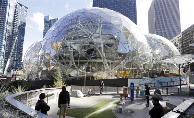Image: Glass and metal spheres under construction in front of an Amazon building in Seattle