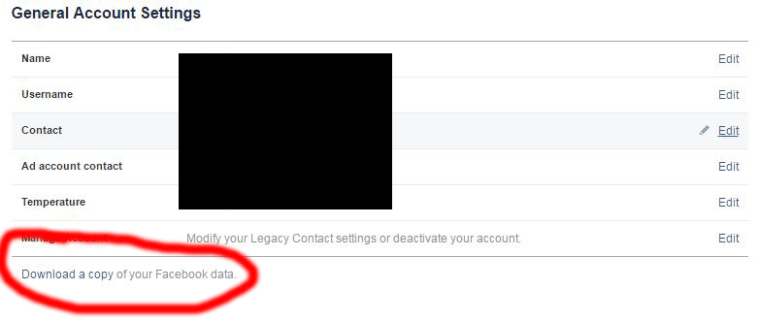 Screenshot of how to download your Facebook data with the link circled in red.