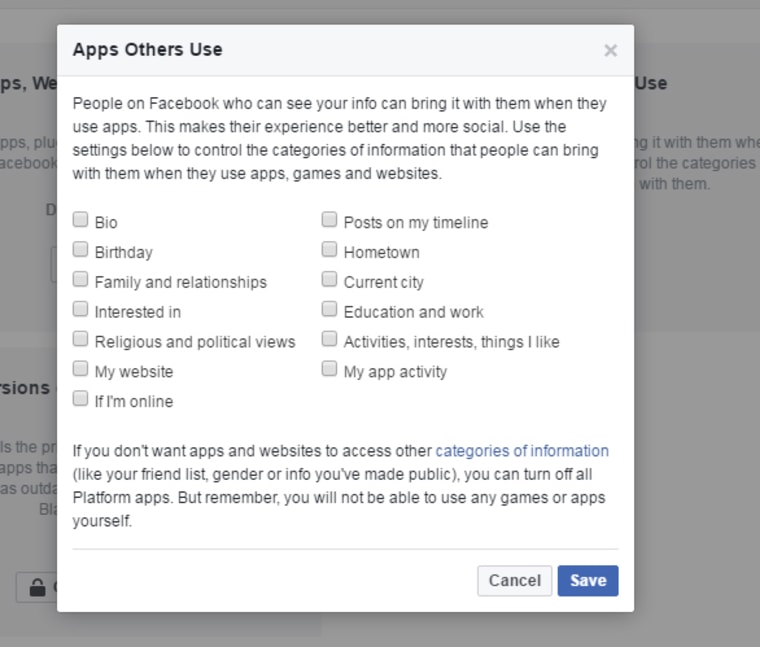 Uncheck the boxes for any piece of personal data you're not comfortable with being shared with marketers when your friends, not you, use apps on Facebook.