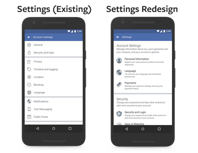 Image: comparison of facebook security settings on the app