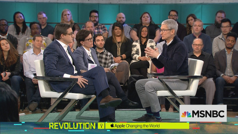 Image: MSNBC's Chris Hayes and Recode's Kara Swisher talk with Apple CEO Tim Cook