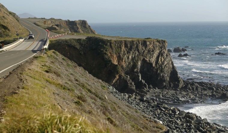 The pullout where the SUV of Jennifer and Sarah Hart was recovered off the Pacific Coast Highway, near Westport, California,  on Wednesday.