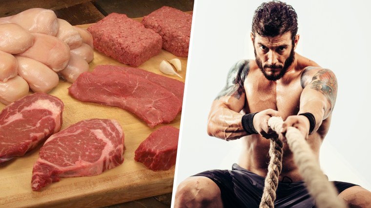 Tray of meat / Athlete pulls a rope