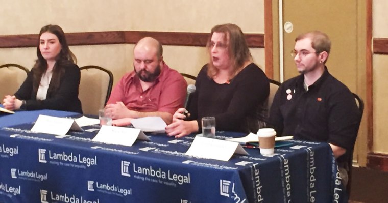 Image: Lambda Legal fellow Kara Ingelhart with plaintiffs Basil Argento and Stacie Ray and Liam Gallagher of ACLU of Ohio.