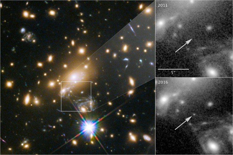 This image composite shows the discovery of the most distant known star using the NASA/ESA Hubble Space Telescope. The image to the left shows a part of the the deep-field observation of the galaxy cluster MACS J1149.5+2223 from the Frontier Fields programme gathered in 2014. The square indicates the position where the star appeared in May 2016 -- its image magnified by gravitational microlensing. This part of the image also shows the four images of the Refsdal supernova, arranged in an Einstein cross. The upper right image pinpoints the position of the star, observed in 2011. The lower right image shows where the star was undergoing the microlensing event in late May 2016.