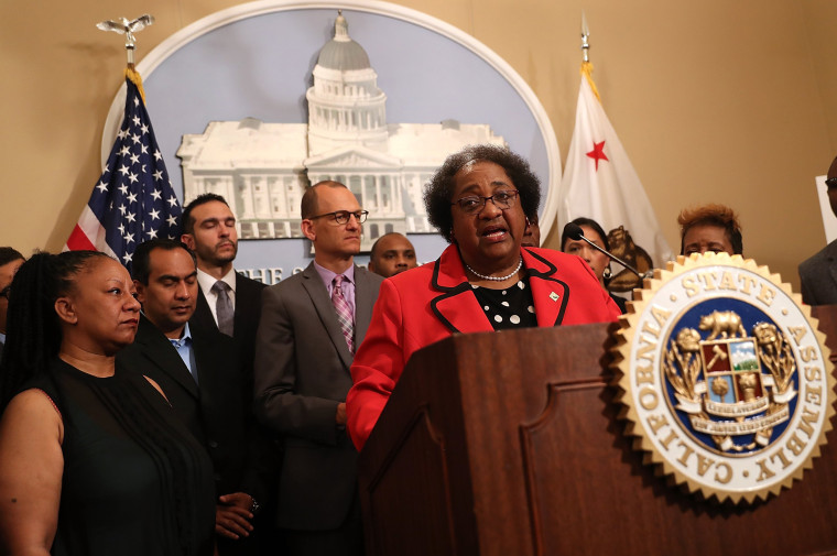 Image: California State Assembly member Shirley Weber, D-San Diego, speaks during a news conference