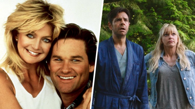 OVERBOARD, from left: Goldie Hawn, Kurt Russell, 1987. / OVERBOARD, from left: Eugenio Derbez Anna Faris, 2018.