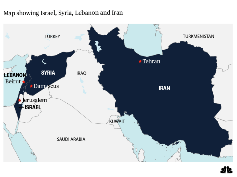 Map showing Israel, Syria, Lebanon and Iran