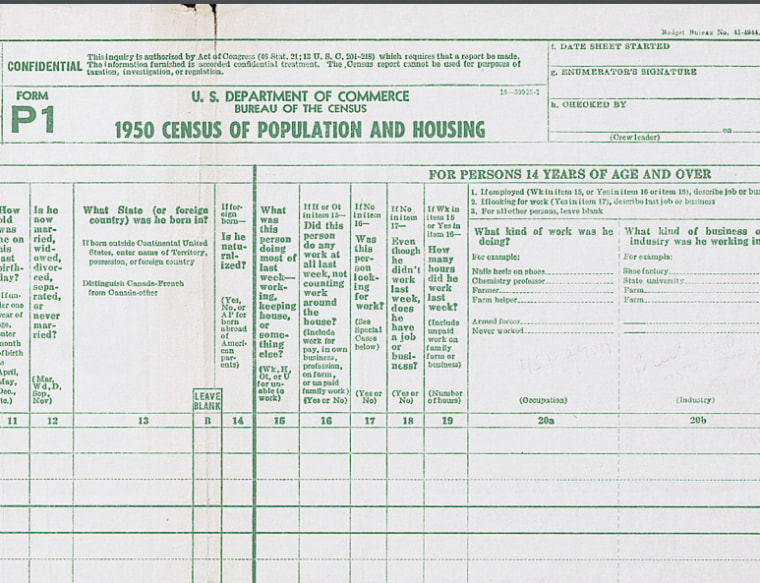 A screenshot of the 1950 census, on which questions 13 and 14 ask respondents about their citizenship, the last time such a question was asked on the main census.