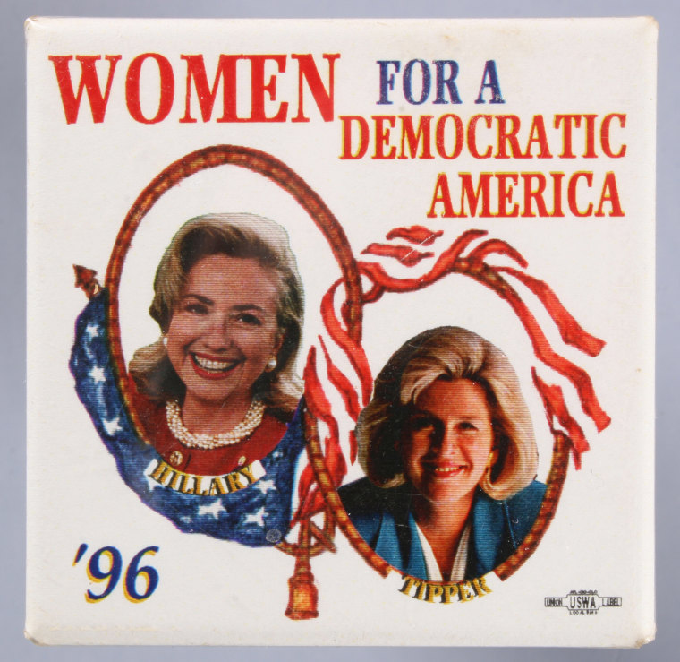 A 1996 United States presidential campaign button pin showing First Lady Hillary Rodham Clinton and Tipper Gore