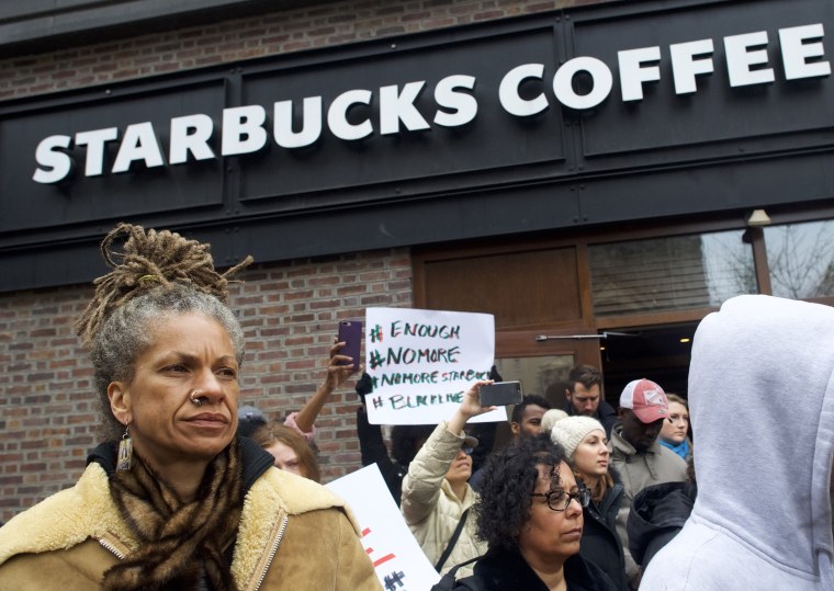 Image: Protesters demonstrate outside a Center City Starbucks in Philadelphia