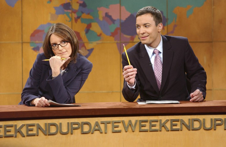 SATURDAY NIGHT LIVE -- NBC Late Night -- Host: Eric McCormack -- Pictured: (l-r) "Weekend Update" co-anchors Tina Fey and Jimmy Fallon. -- NBC Photo: Mary Ellen Matthews