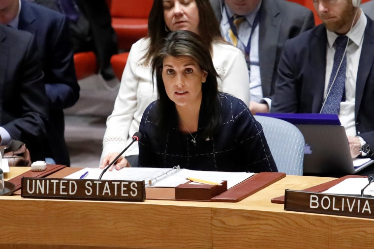 Image: US Ambassador to the UN Nikki Haley speaks during a UN Security Council meeting on the Crisis in the Middle East at the UN headquarters in New York