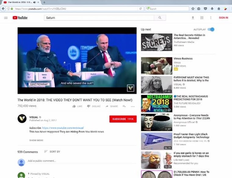 Within a few clicks, a search for "Saturn" and other science topics on YouTube lead to recommendations for clusters of conspiracy and propaganda videos.