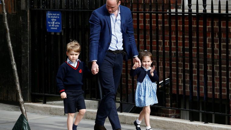 Britain's Prince William arrives at the Lindo Wing of St Mary's Hospital with his children Prince George and Princess Charlotte after his wife Catherine, the Duchess of Cambridge, gave birth to a son, in London