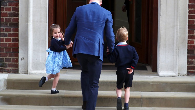 Britain's Prince William arrives at  St Mary's Hospital with his children Prince George and Princess Charlotte 