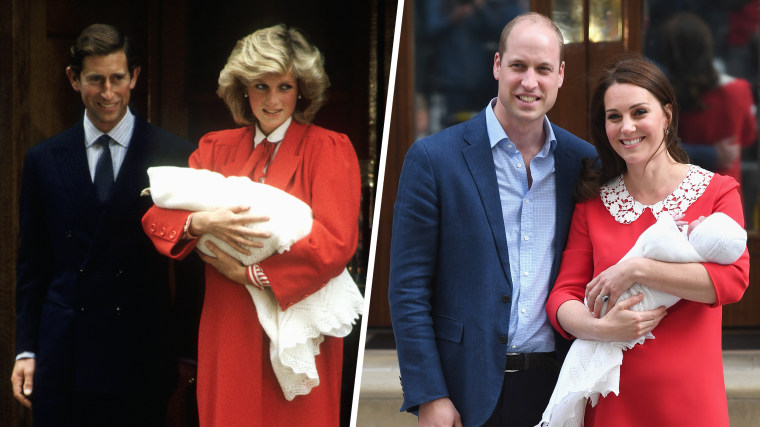 The Prince and Princess of Wales leave hospital with their newly born son, Prince Harry. / LONDON, ENGLAND - APRIL 23:  Catherine, Duchess of Cambridge and Prince William, Duke of Cambridge depart the Lindo Wing with their newborn son.