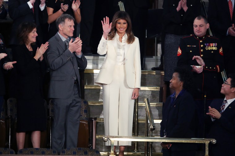 Trump wore a white pantsuit to her husband's first State of the Union address in January 2018. 