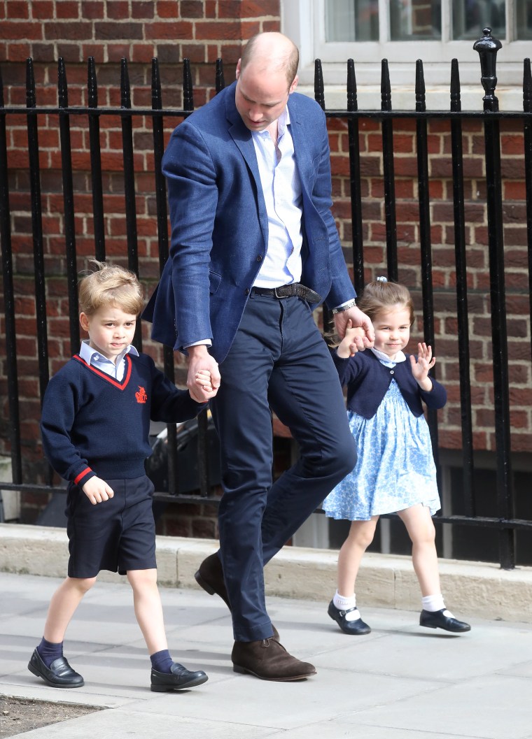 Prince William, Duke of Cambridge arrives with Prince George and Princess Charlotte after Catherine, Duchess of Cambridge gave birth to their son at St Mary's Hospital on April 23, 2018 in London. The Duchess safely delivered a boy at 11:01 am, weighing 8lbs 7oz, who will be fifth in line to the throne.