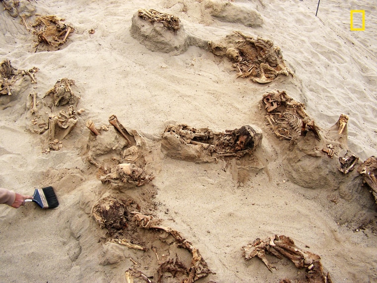 Image: This April 22, 2011 photo provided by National Geographic shows more than a dozen bodies preserved in dry sand for more than 500 years, at the Huanchaquito-Las Llamas site near Trujillo, Peru.
